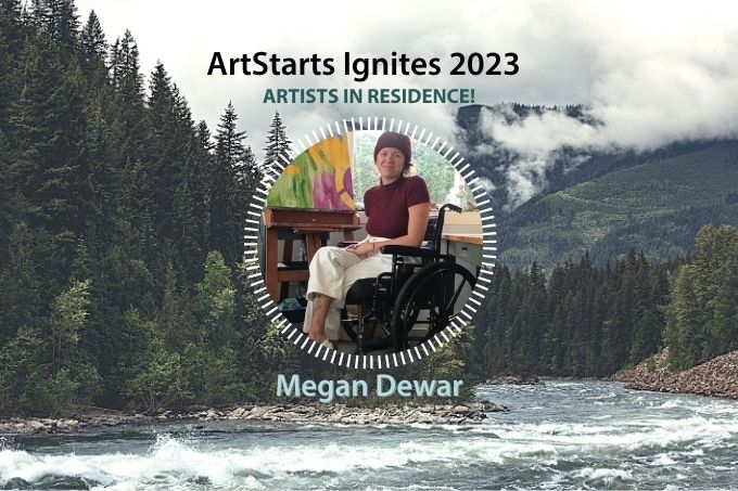 A photo of Megan Dewar in a circular frame on top of an image of a BC landscape including trees, a river, and the mountains