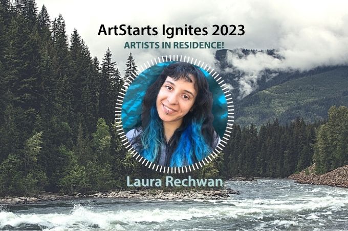 A photo of Laura Rechwan in a circular frame on top of an image of a BC landscape including trees, a river, and the mountains