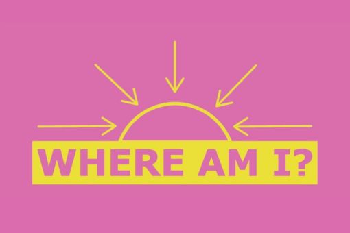 Where Am I logo in yellow letters with pink background