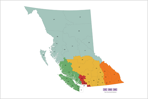 A map of British Columbia. The regions a delineated by different colours