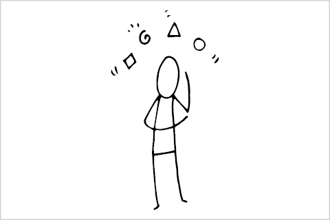 A stick figure with shapes above its head
