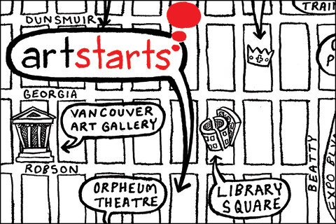 A hand drawn map of the location of the ArtStarts Gallery in downtown Vancouver