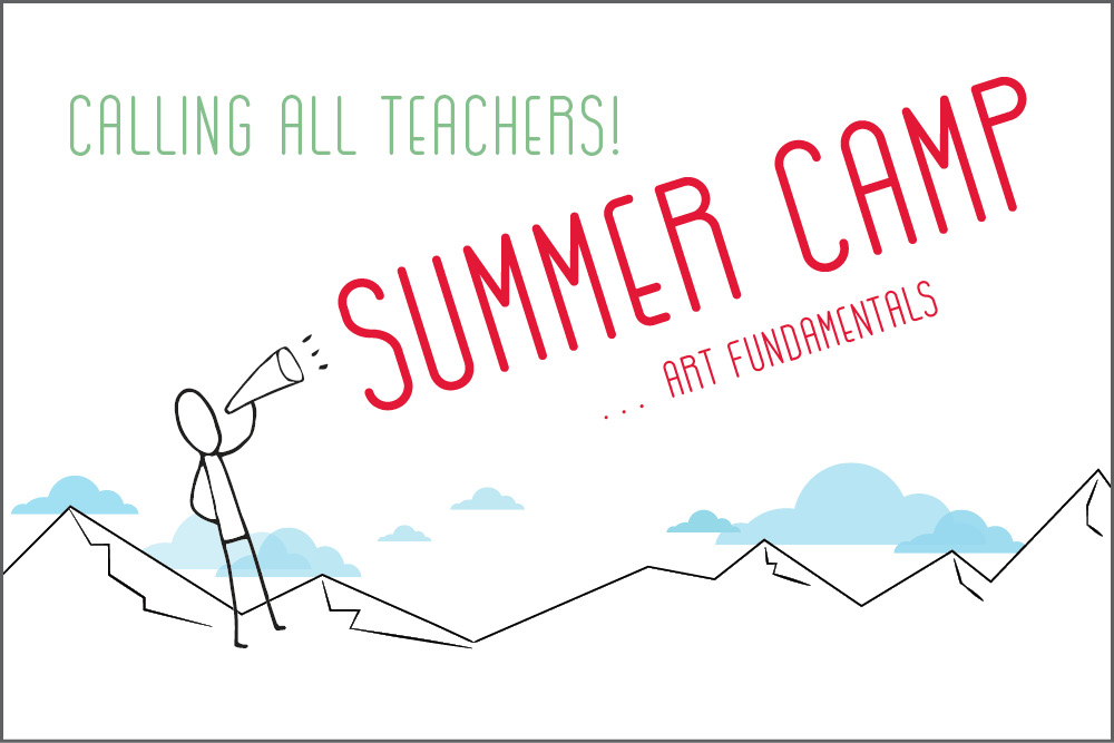 A graphic featuring a stick figure that reads 'Calling all teachers summer camp'